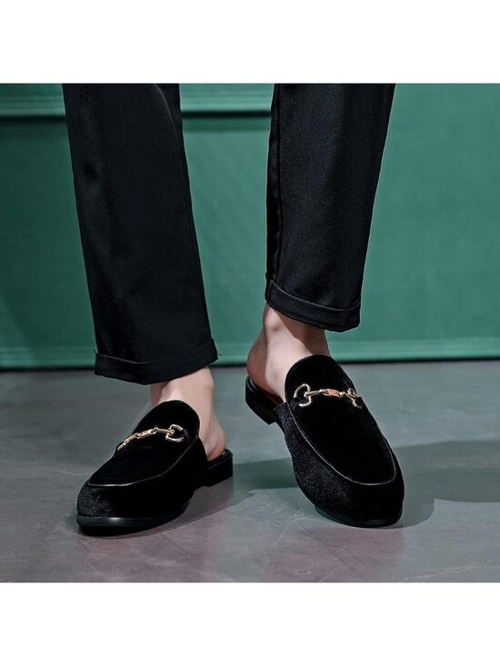Men\'s Black Rubber Sole Velvet Leather Gold Buckle Slip On Penny Loafer Slippers main image 4